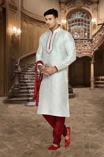 Indian Poshakh Cream Dupion Brocket Kurta Pajama