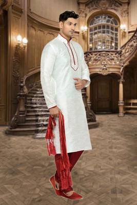 Indian Poshakh Cream Dupion Brocket Kurta Pajama 3