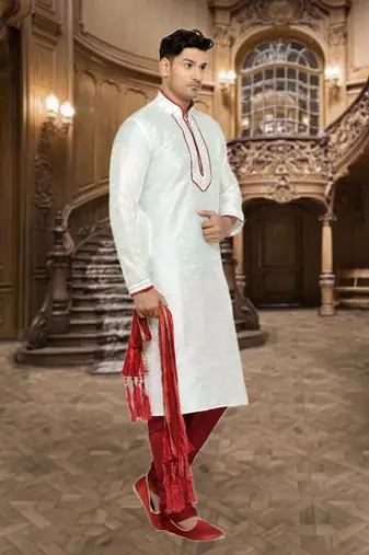 Indian Poshakh Cream Dupion Brocket Kurta Pajama