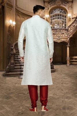 Indian Poshakh Cream Dupion Brocket Kurta Pajama 4