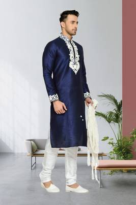 Navy Blue Dupion Kurta Pajama 2