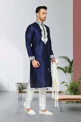Navy Blue Dupion Kurta Pajama