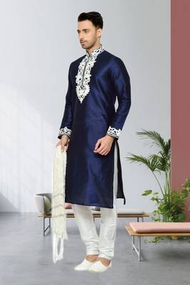 Navy Blue Dupion Kurta Pajama 3