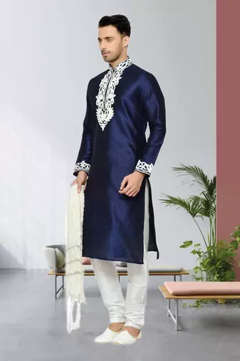 Navy Blue Dupion Kurta Pajama