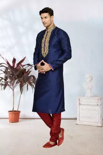 Navy Blue Doby Dupion Kurta Pajama