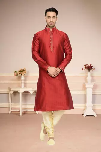Indian Poshakh Maroon Doby Dupion Kurta Pajama