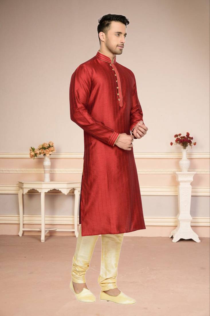 Indian Poshakh Maroon Doby Dupion Kurta Pajama
