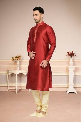 Indian Poshakh Maroon Doby Dupion Kurta Pajama 3