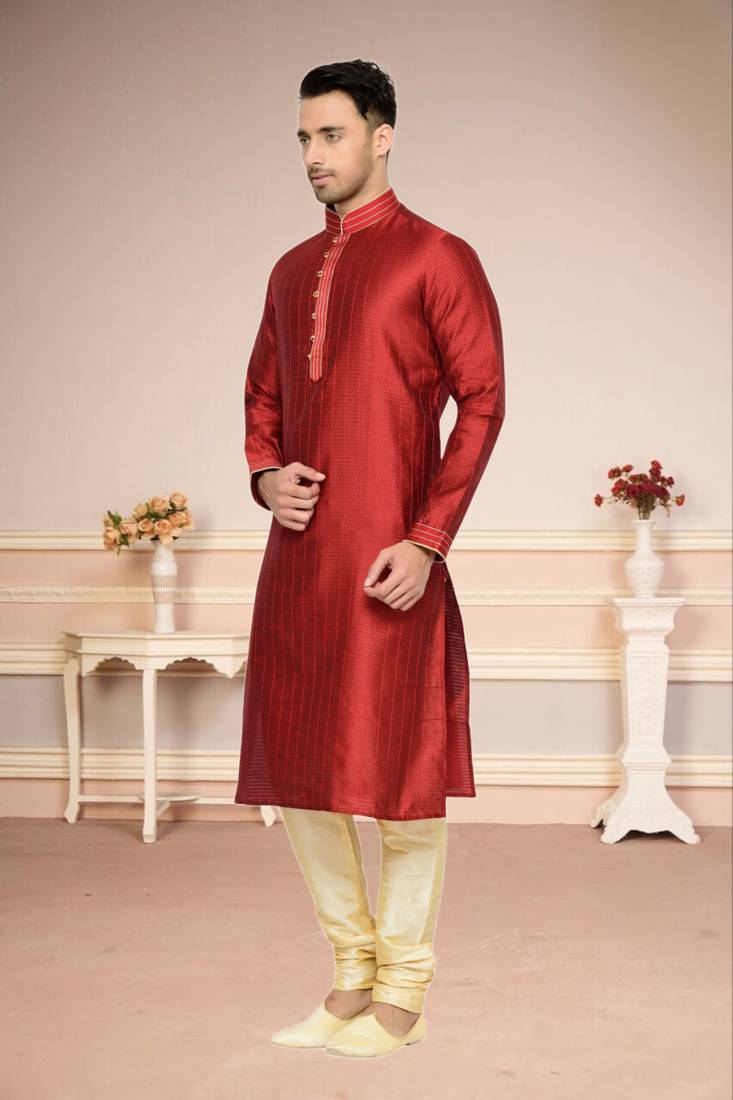 Indian Poshakh Maroon Doby Dupion Kurta Pajama