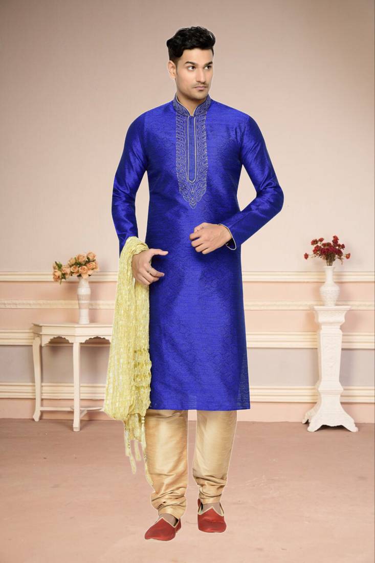 Indian Poshakh Royal Blue Brocket Kurta Pajama