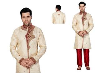 Indian Poshakh Cream Semi Indo Jacquard Kurta Pajama 1
