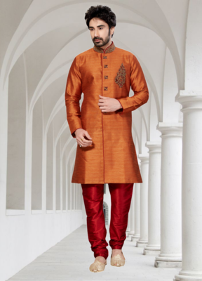 Indian Poshakh Rust Semi Indo Ghiccha Silk Kurta Pajama 1