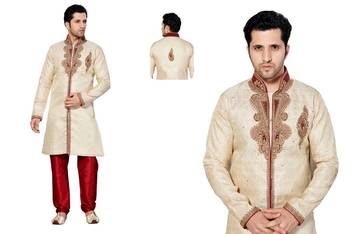 Indian Poshakh Cream Semi Indo Jacquard Kurta Pajama 1