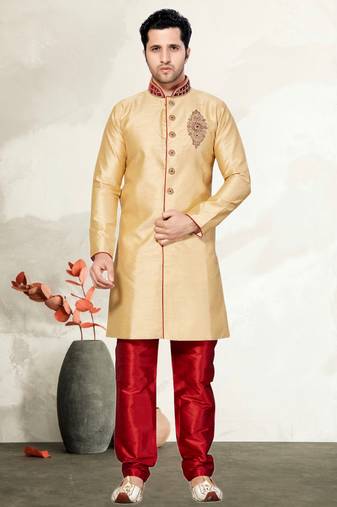 Indian Poshakh Gold Semi Indo Art Dupion Indo Western