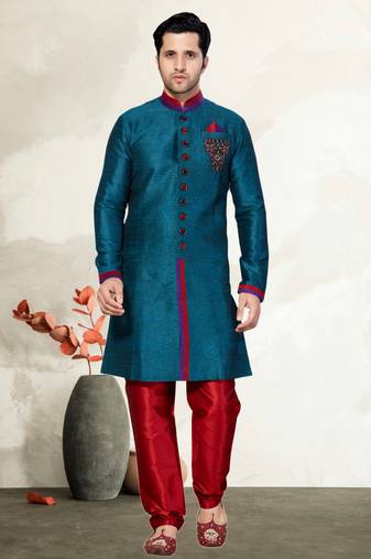 Indian Poshakh Rama Green Semi Indo Gichha Silk Kurta Pajama