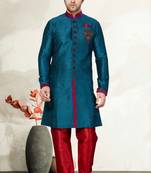 Indian Poshakh Rama Green Semi Indo Gichha Silk Kurta Pajama