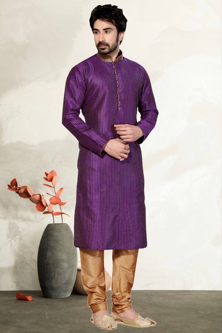 Indian Poshakh Purple Mix Wine Art Dupion Kurta Pajama