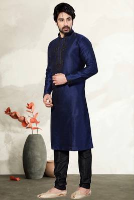Navy Blue Art Dupion Kurta Pajama 1