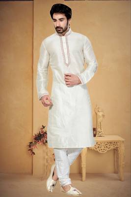 Milky White Art Dupion Kurta Pajama 1