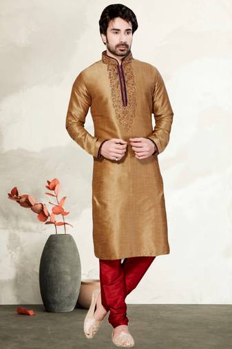 Indian Poshakh Dark Gold Art Dupion Kurta Pajama