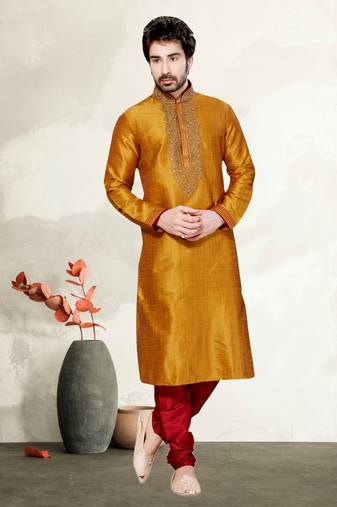 Mustard Gichha Silk Kurta Pajama