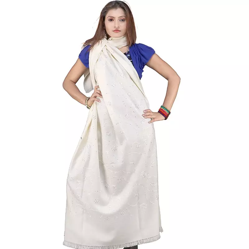 Stylish Embroidery Pure Kashmiri Warm White Shawl