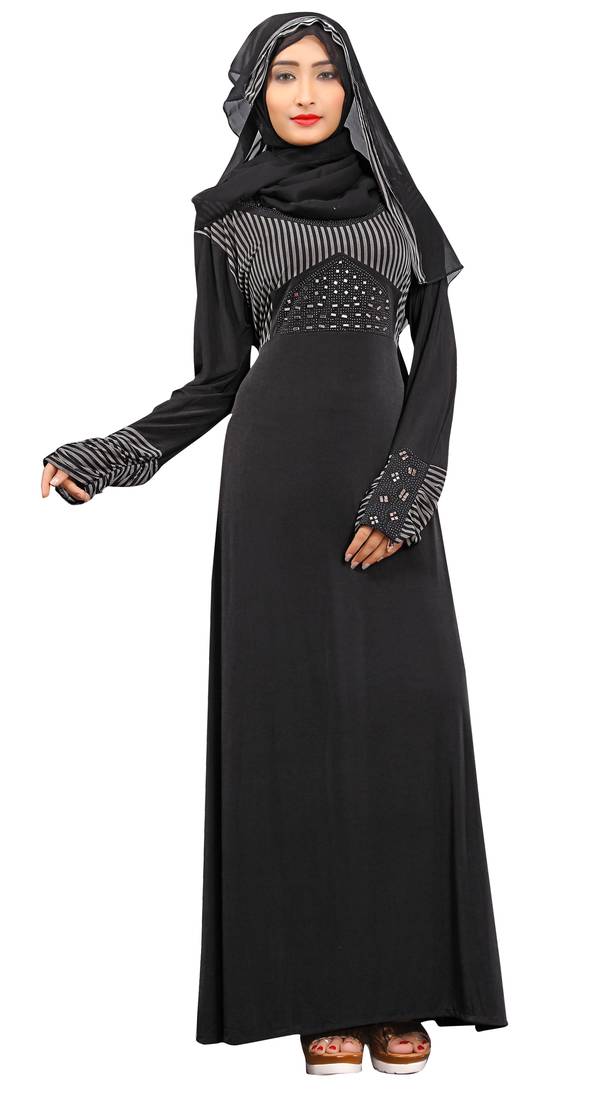 Black & White Colour High Quality Stretchable Lycra Silver Stone Work A-Line Style Burka