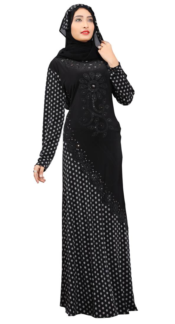 Black Colour Printed Stretchable Lycra Stone Work Burka