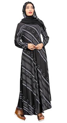 Black & White Colour Silver Pearl Work Stretchable Lycra Anarkali Style Burka 1