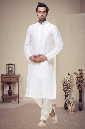 Off White Art Silk Kurta Pajama