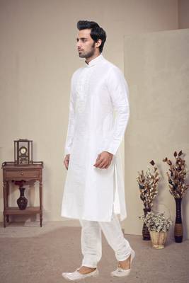 Off White Art Silk Kurta Pajama 3