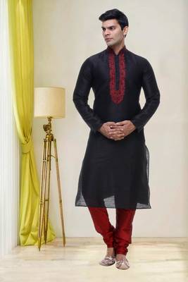 Indian Poshakh Black Art Silk Kurta Pajama 1