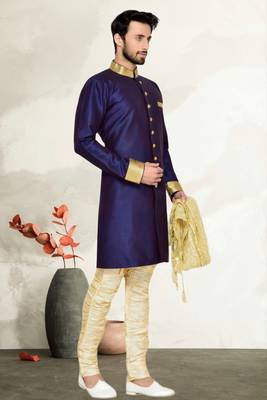 Navy Blue Kheecha Dupion Kurta Pajama 3