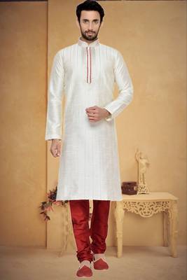 Indian Poshakh Cream Art Silk With Threading Kurta Pajama 1