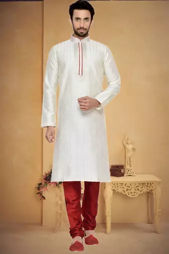 Indian Poshakh Cream Art Silk With Threading Kurta Pajama