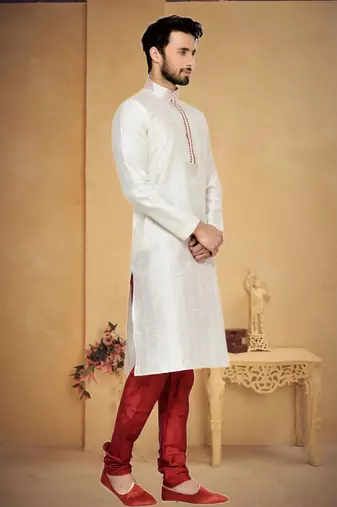 Indian Poshakh Cream Art Silk With Threading Kurta Pajama