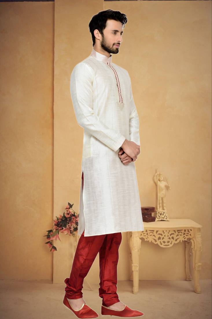 Indian Poshakh Cream Art Silk With Threading Kurta Pajama