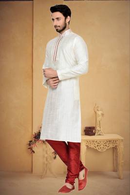 Indian Poshakh Cream Art Silk With Threading Kurta Pajama 3