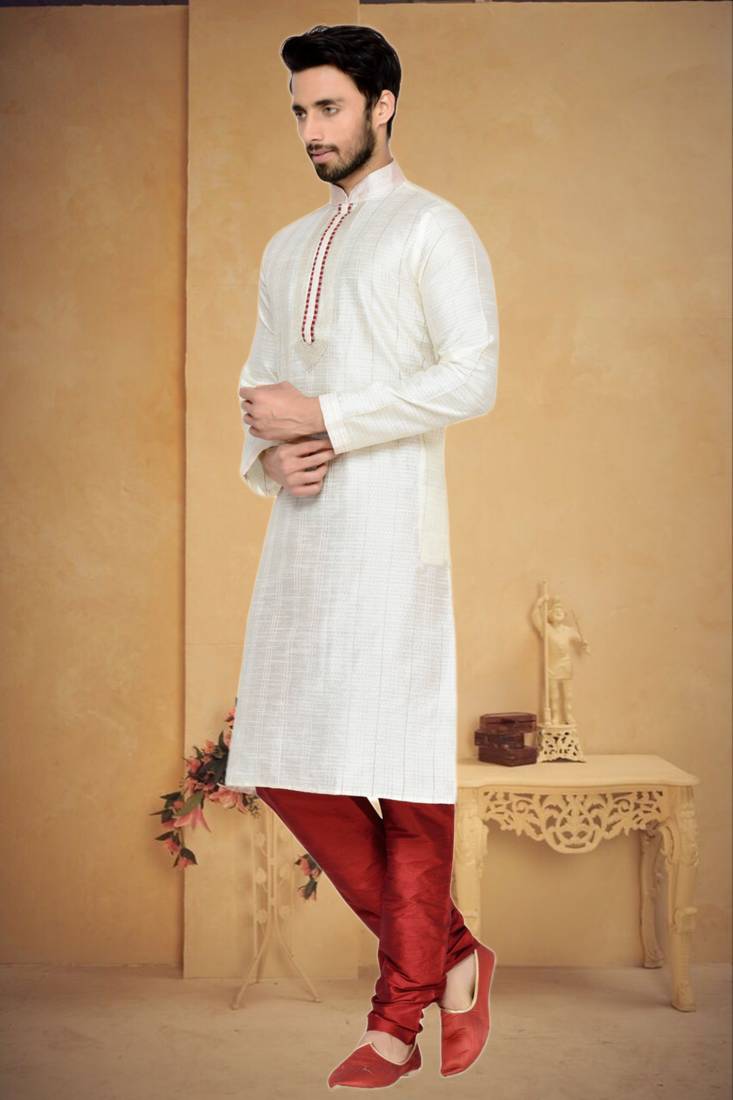 Indian Poshakh Cream Art Silk With Threading Kurta Pajama