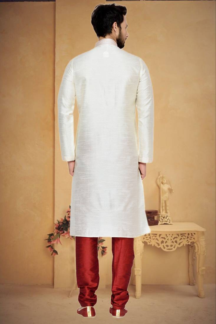 Indian Poshakh Cream Art Silk With Threading Kurta Pajama
