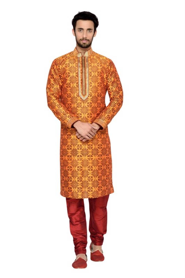 Indian poshakh mustard art silk with all over print kurta pajama Indian Poshakh 2420947