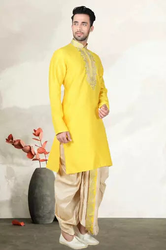 Yellow Bangalore Silk Dhoti Pajama