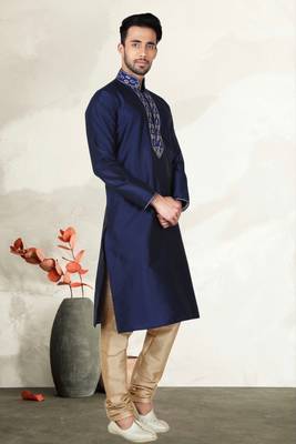 Navy Blue Art Silk Kurta Pajama 3