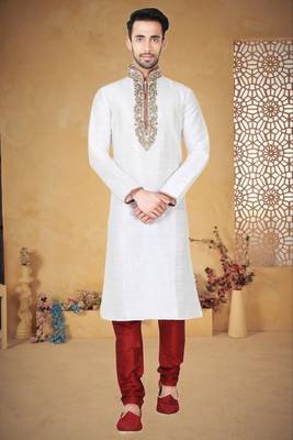 Off White Art Silk Kurta Pajama 1