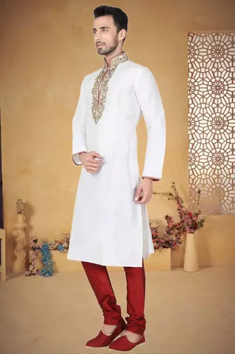 Off White Art Silk Kurta Pajama