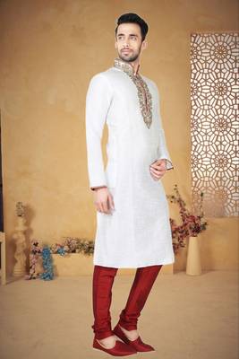 Off White Art Silk Kurta Pajama 3