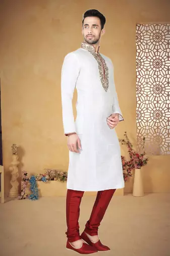 Off White Art Silk Kurta Pajama