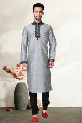 Indian Poshakh Grey Art Silk Kurta Pajama 1