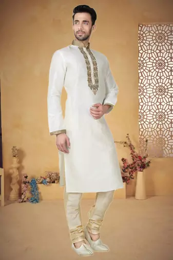 Cream Art Silk Kurta Pajama