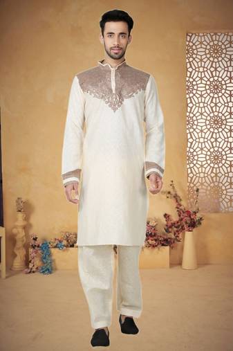 Indian Poshakh Cream Cotton Linen Kurta Pajama